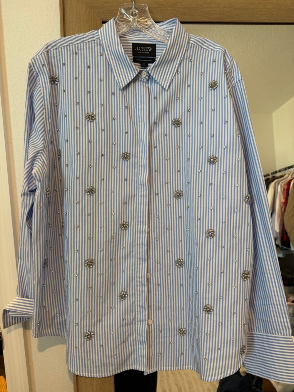 J.Crew Embellished Striped Button-Down Shirt | Classic Fit | Crystal Details